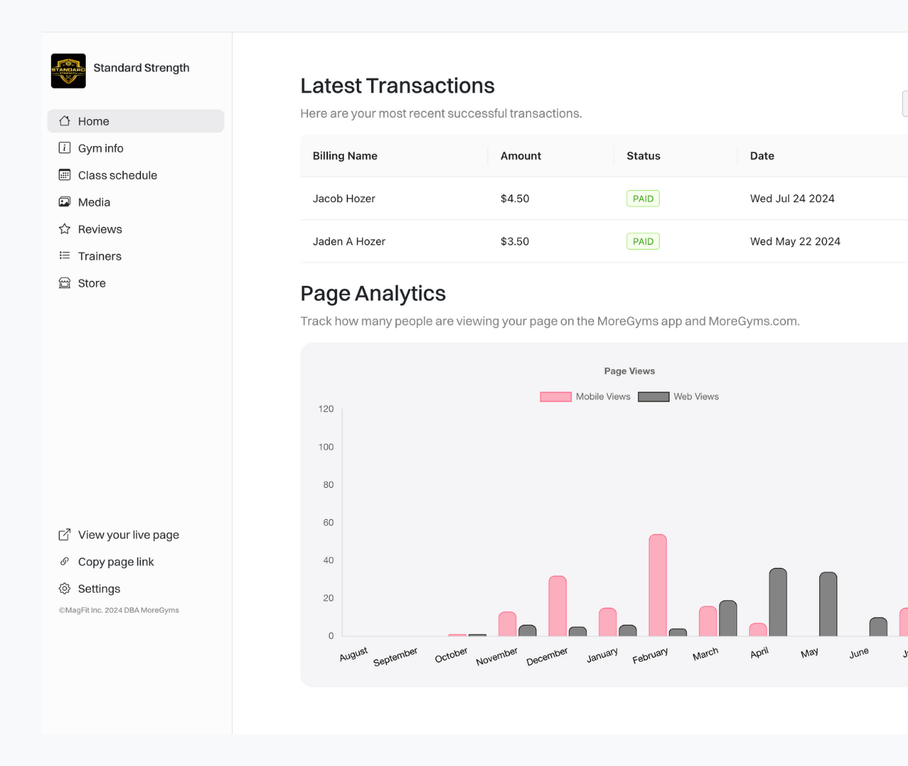 MoreGyms owner dashboard